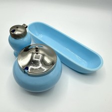 3 Stück Glas Objekte Aufbewahrung Senftöpfchen Schälchen Opalglas Blau Antik