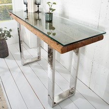 Massive Konsole BARRACUDA 120cm Teak mit Stahl Kufenfüßen inkl. Glasplatte