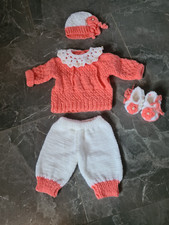  Baby Ausfahr garnitur  Set Hand gestrickt Pullover ,Hosen Schuhe Mütze 56/62