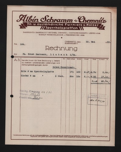 Chemnitz rechnung 1933 albin - chemnitz,,
