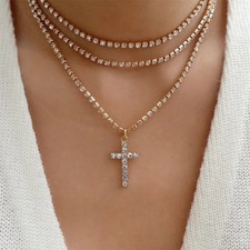 ✨ Damen Halskette 3-reihig 💎 Strass Kreuz Anhänger 🌟 Eleganter Modeschmuck