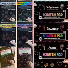 Kratzbuch mit 2 Kratzstifte Kratzbilder REGENBOGEN GLITZER PASTEL Scratch Pad