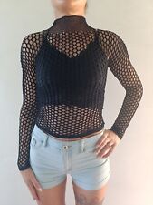 Fischnetz Top Damen Rollkragen Netz Top Schwarz Netzbluse Stretchy