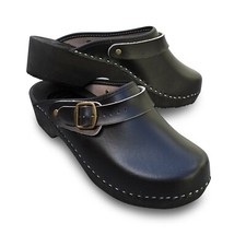 Schweden Holz-Clogs LEDER Schuhe Sandalen Holzschuhe Schwarz, Gr. 38 bis 47