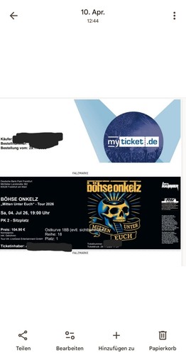 Böhse onkelz sitzplatz ticket - sitzplatz,