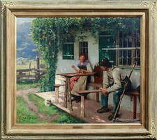 Emil Rau 1858-1937 Ölgemälde Mädchen und Bursche Gespräch vor Bauernhaus 66x77cm