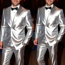 Silver Silk Satin Men Suit