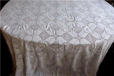 HANDGEHÄKELTER ALTER WEISSER ARTDECO BETTÜBERWURF GEOMETRISCH 240x225CM