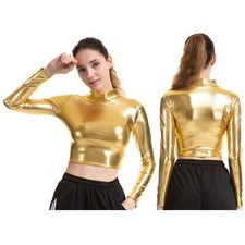 DE Damen Metallic T-Shirt Langarm Kurzes Top Glänzend Langarmshirt Oberteile 