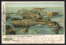 Lithographie Bergen / Rügen, Landkarte der gesamten Insel Rügen 1900 