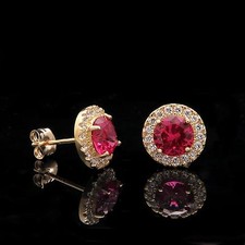 Runde Ohrstecker 2 kt Halo rot Laborgefertigt Rubin & Diamant 14 Karat Gelbgold