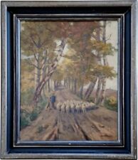 ? Ölgemälde a. Holz um 1910 / 1930 Schafe Herde Hirte Hund Antik - 68 x 58,5 cm