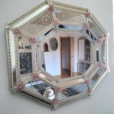 Vintage Venetian Mirror Murano Glass Pink Flowers Ornament