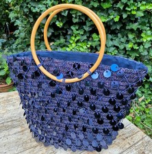 Korbtasche Damen Pailetten Holzgriff Blau