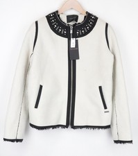 Maison Scotch Damen Gebrochenes Weiß M Jacke Kunstwildleder Nieten Zip Mantel