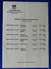 Simca 1300 Aronde - Preisliste