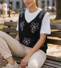 Strickweste Weste  Pullunder Vintage Blumenmuster Geblümt Retro Blumen L