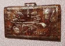 Damen Geldbörse, echt Leder braun, mit goldfarbenen ägyptischen Motiven bedruckt