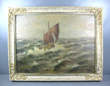großes altes Gemälde Fischerboot in rauer See sign. Schrader Öl/Platte 94x73cm