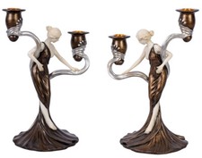 Jugendstil Kerzenleuchter Set – Zwei Art Nouveau Kerzenhalter Frauenfiguren 28cm