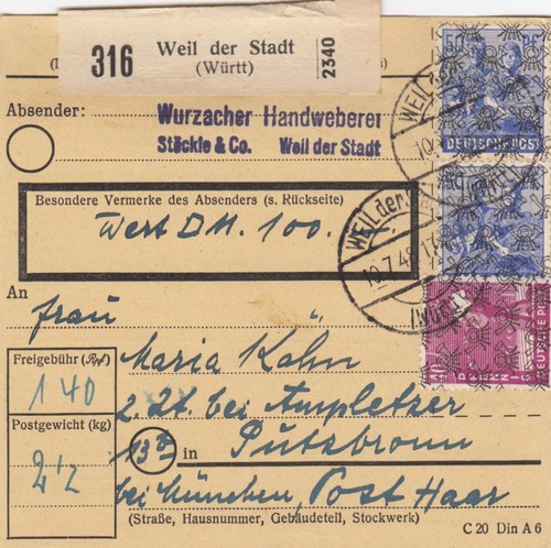 Bizone paketkarte 1948 weil - bizone,