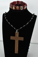Damen Armband Holzarmband Madonna Heiligenbilder + Kette Holzkreuz-Anhänger NEU