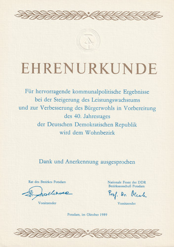 Ddr ehrenurkunde blanko - ehrenurkunde, 1989