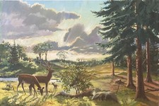 Ölbild Impressionist Landschaft mit Hirsch und Hirschkuh am Waldrand Natur 60x89