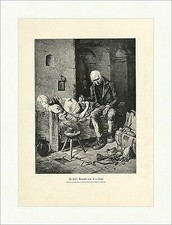 Zu spät A. v. Wahl Tod Trauer Schatztruhe Bett Stroh Kreuz Holzstich A 1584