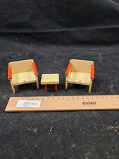 2x Sessel mit Tisch Holz Sitz Wohnzimmer Puppenhaus Puppenstube antik alt