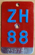 Velonummer Fahrrad-Nummernschild Velo Kennzeichen ZH 88 Zürich 1988 Alu Schweiz