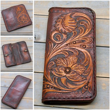 Börse Wallet Sheridan Style Totenkopf Uhrwerk Blüten Blätter ECHT LEDER Handmade