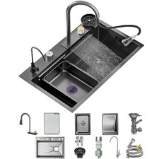 Edelstahl Einbauspüle Spüle Grau Multifunktions Wasserfall-Spüle mit Armatur Set