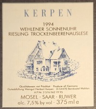 Weinetikett 1994 Wehlener Sonnenuhr Riesling Trockenbeerenauslese Kerpen MOSEL