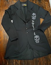 Two Wings Damen Long-Blazer Schwarz XS (S) – Strass Totenkopf, tailliert.