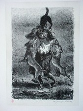 A. PAUL WEBER, Original Lithographie 1990, Nachlass, Hund und Katze