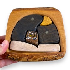 Vintage Bauklotz Puzzle mit Eule, Nachthimmel und Sternen - Deko Handarbeit RAR