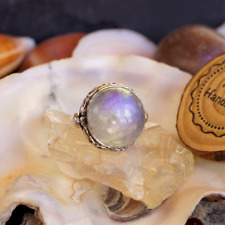 Ring 54 Vintage Verspielt 925er Silber Solitär Mondstein Weiß Blau Floral Muster