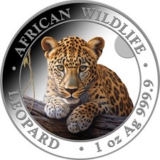 1 Oz Silber BU Farbe Leopard African Wildlife 100 SH Somalia 2025 colour