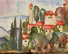 DORF IN DER TOSKANA original Aquarell Zeichnung mit Rahmen Toscana Turm Bäume
