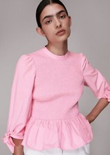 Pfeifen rosa gerafftes Schößchen Top UK 12 reine Baumwolle UVP 119 Bindedetail gesmokt