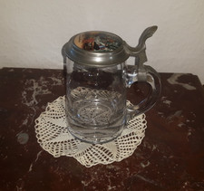 Antik Bierkrug Glas Zinndeckel mit Porzellan Der Salontiroler 0,5 Liter