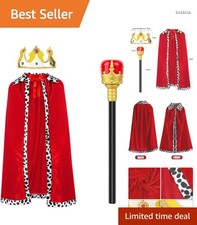 König Kostüm Set 3 Teile Umhang Krone Zepter Karneval Halloween Mottoparty