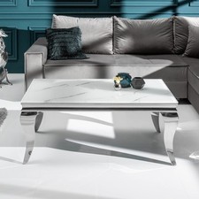 Eleganter Couchtisch MODERN BAROCK 100cm Glasplatte in Marmoroptik Edelstahlbein
