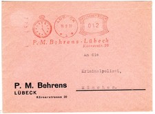 DR 1932, Brief m. 12 Pf AFS des Uhrmachers P.M. Behrens Lübeck m. Abb. einer Uhr