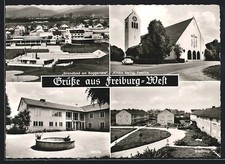 AK Freiburg / Breisgau, Strandbad am Baggersee, Schule und Kirche Heilig. Famil 