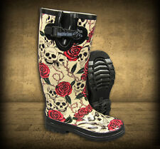 NEU PUNK SKULL TOTENKOPF DAMEN GUMMISTIEFEL STIEFEL SCHUHE ROCKABILLY TATTOO EMO