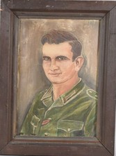 ::ÖLGEMÄLDE MONOGR. A.P. PORTRÄT EINES SOLDATEN MIT ABZEICHEN & MODERNER FRISUR