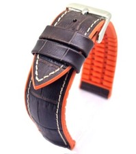 Uhrenarmband 22mm Uhrband Kautschuk + Leder Kroko Prägung braun orange TOP  / 26
