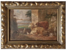 ? Antikes Ölgemälde a. Platte Stall Tiere Schafe Hasen Vogel sign. - 38 x 51 cm